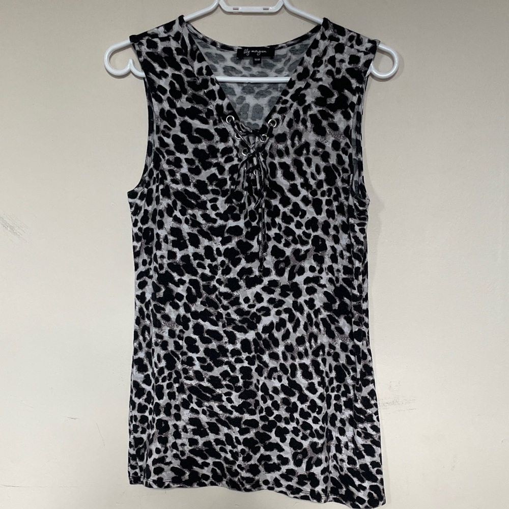 Lily Morgan 95% Rayon Leopard Print Sleeveless Top Women’s M Stretch